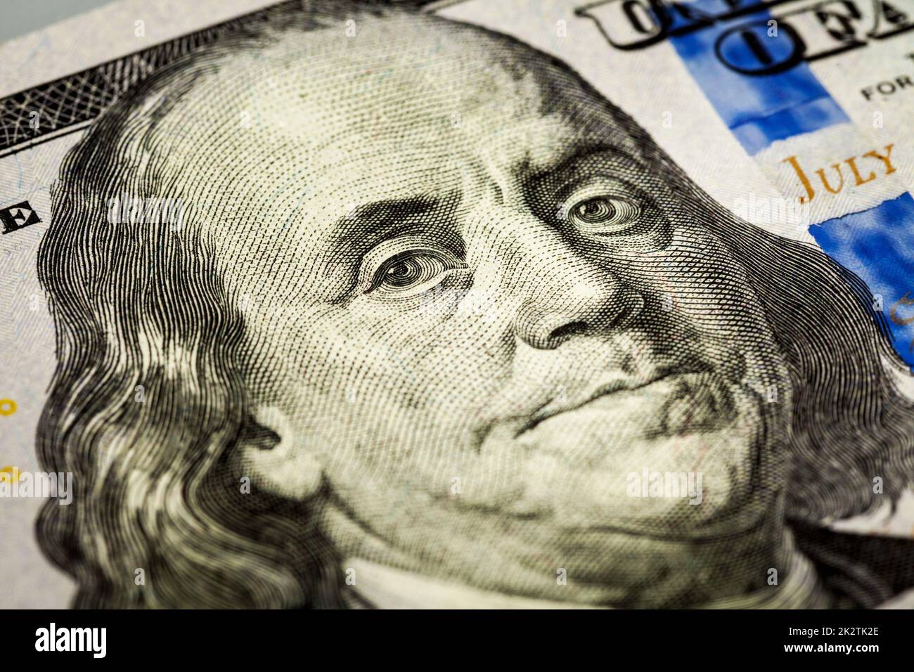 Benjamin Franklin ritratto macro scatto di 100 disegno di legge Foto Stock