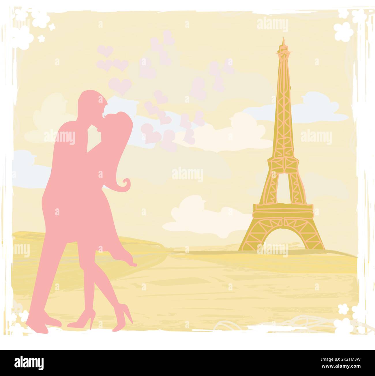 Coppia romantica silhouette a Parigi kissing vicino alla Torre Eiffel scheda rétro Foto Stock