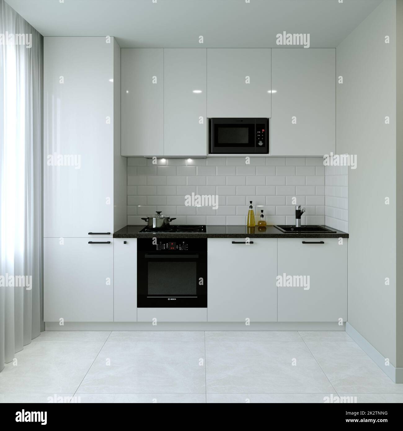 Cucina interier. 3D rendering di una cucina luminosa. Foto Stock