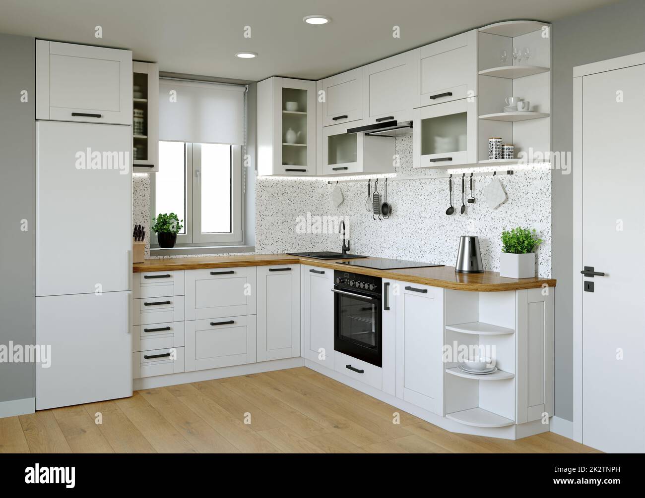 Cucina interier. 3D rendering di una cucina luminosa. Foto Stock