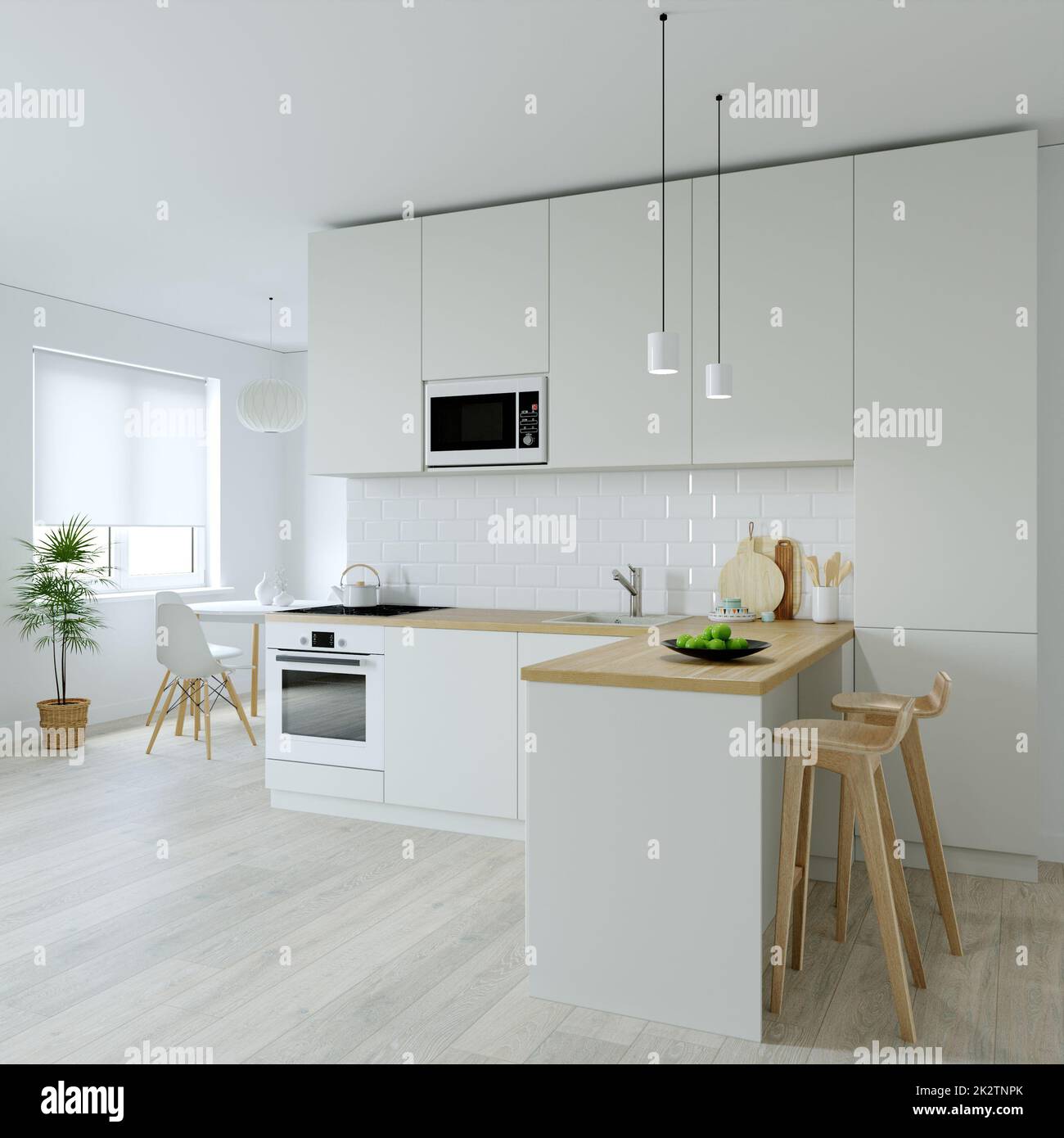 Cucina interier. 3D rendering di una cucina luminosa. Foto Stock