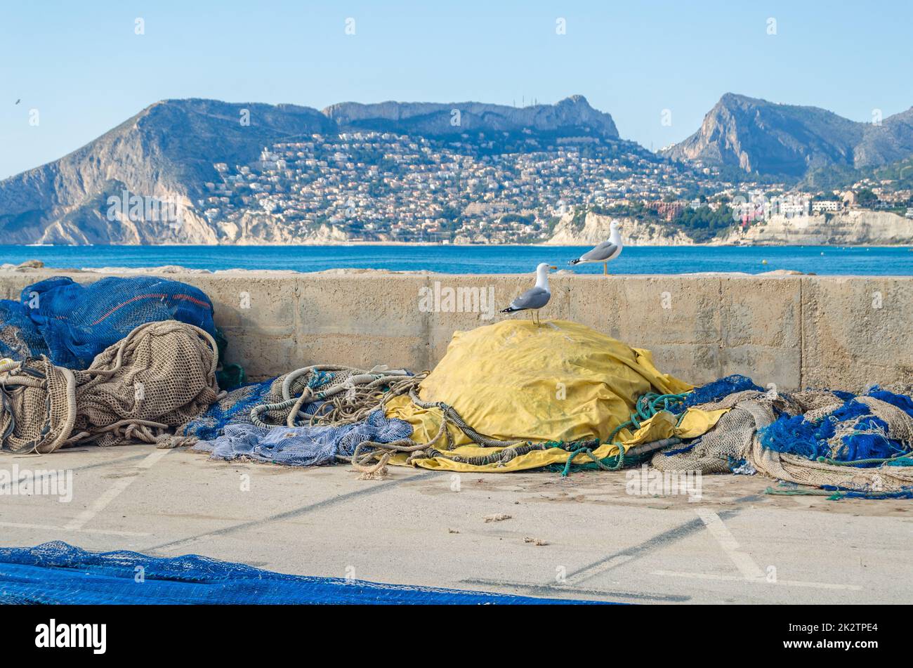 Vista dal porto peschereccio della città mediterranea di Calpe, provincia di Alicante, Comunità Valenciana, Spagna Foto Stock