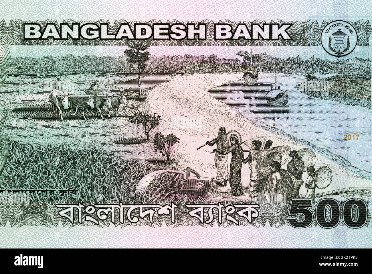 Agricoltori che arano un campo in riva al fiume con denaro del Bangladesh Foto Stock