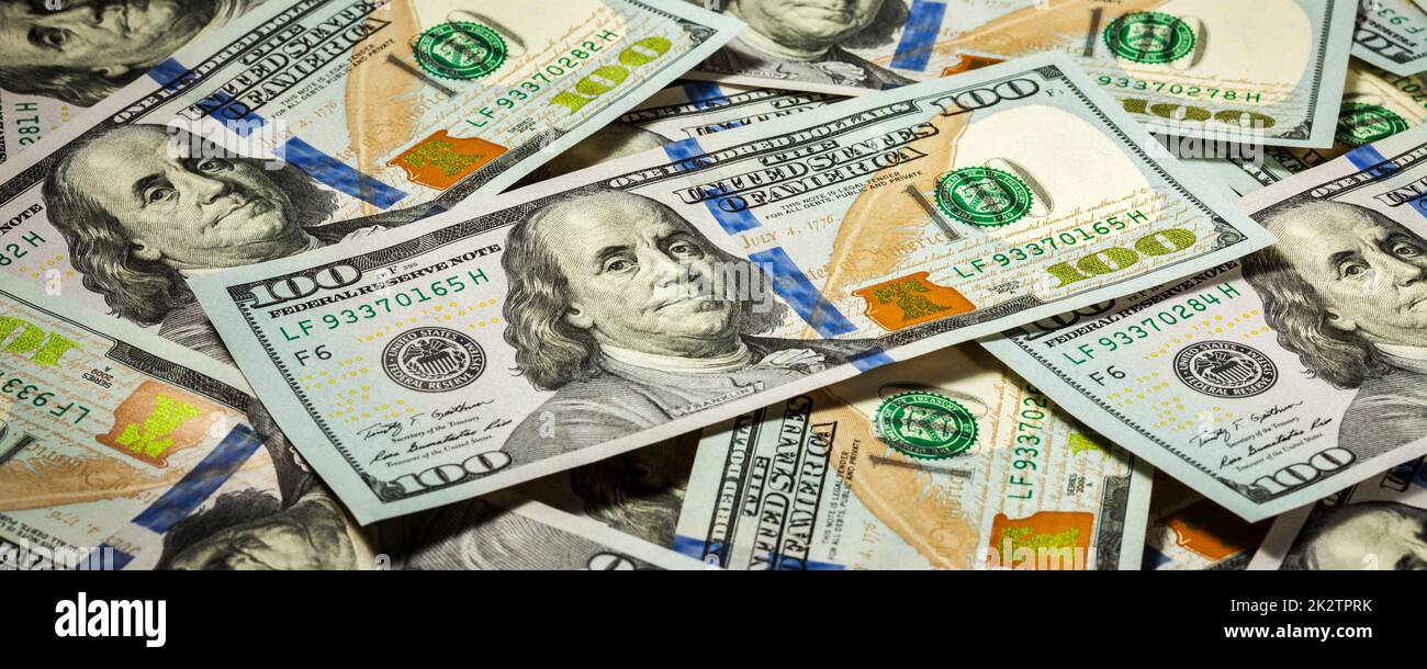 Sfondo di nuovi dollari USA banconote fatture Foto Stock