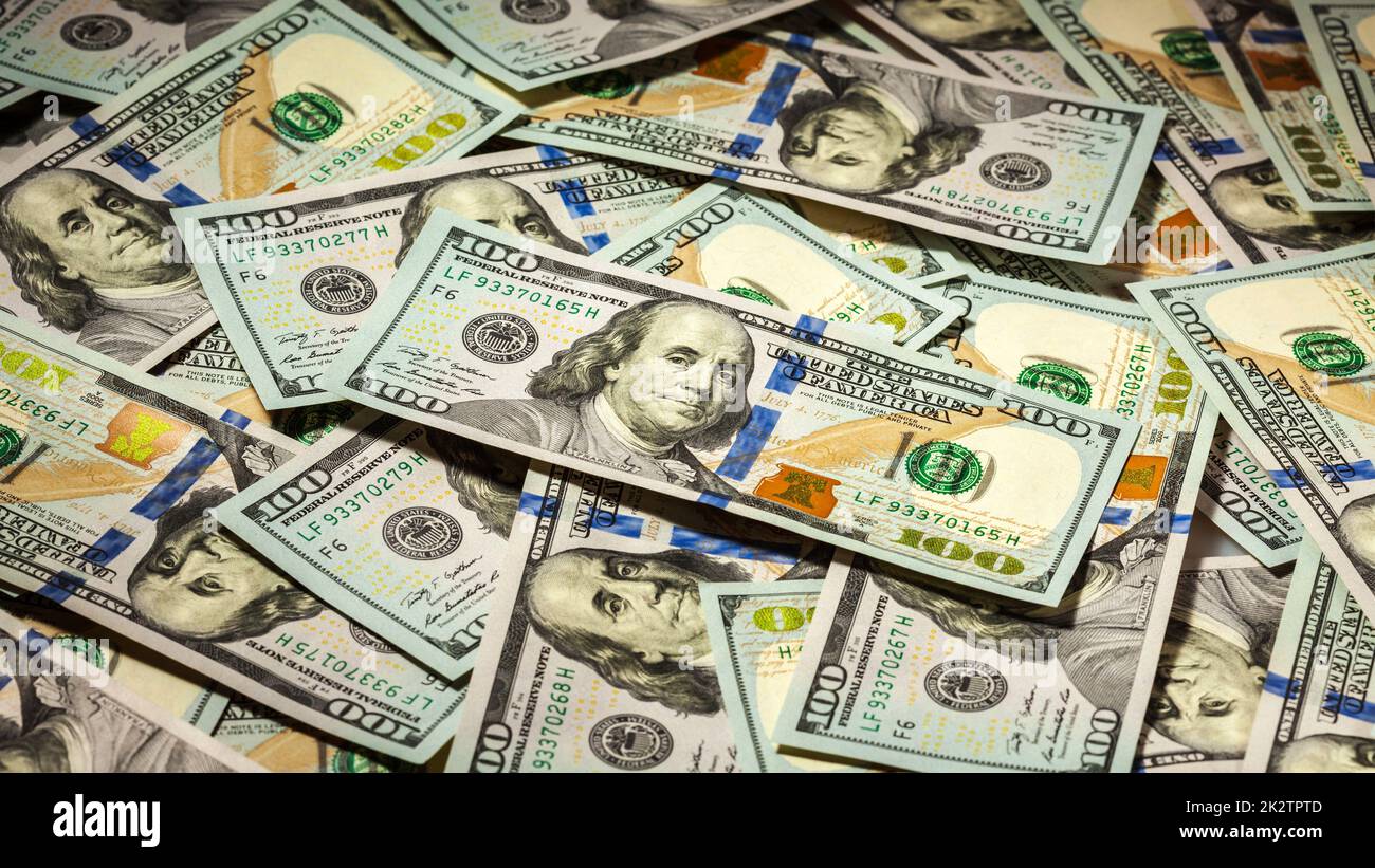 Sfondo di nuovi dollari USA banconote fatture Foto Stock