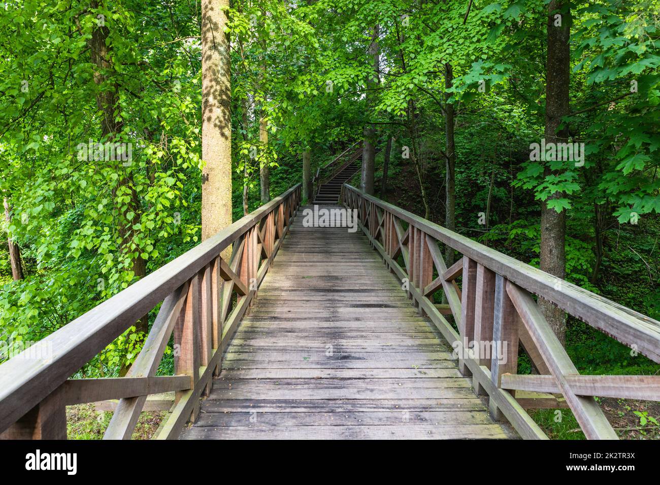 Ponte di legno che porta alla collina di Vytautas, Birstonas, Lituania Foto Stock