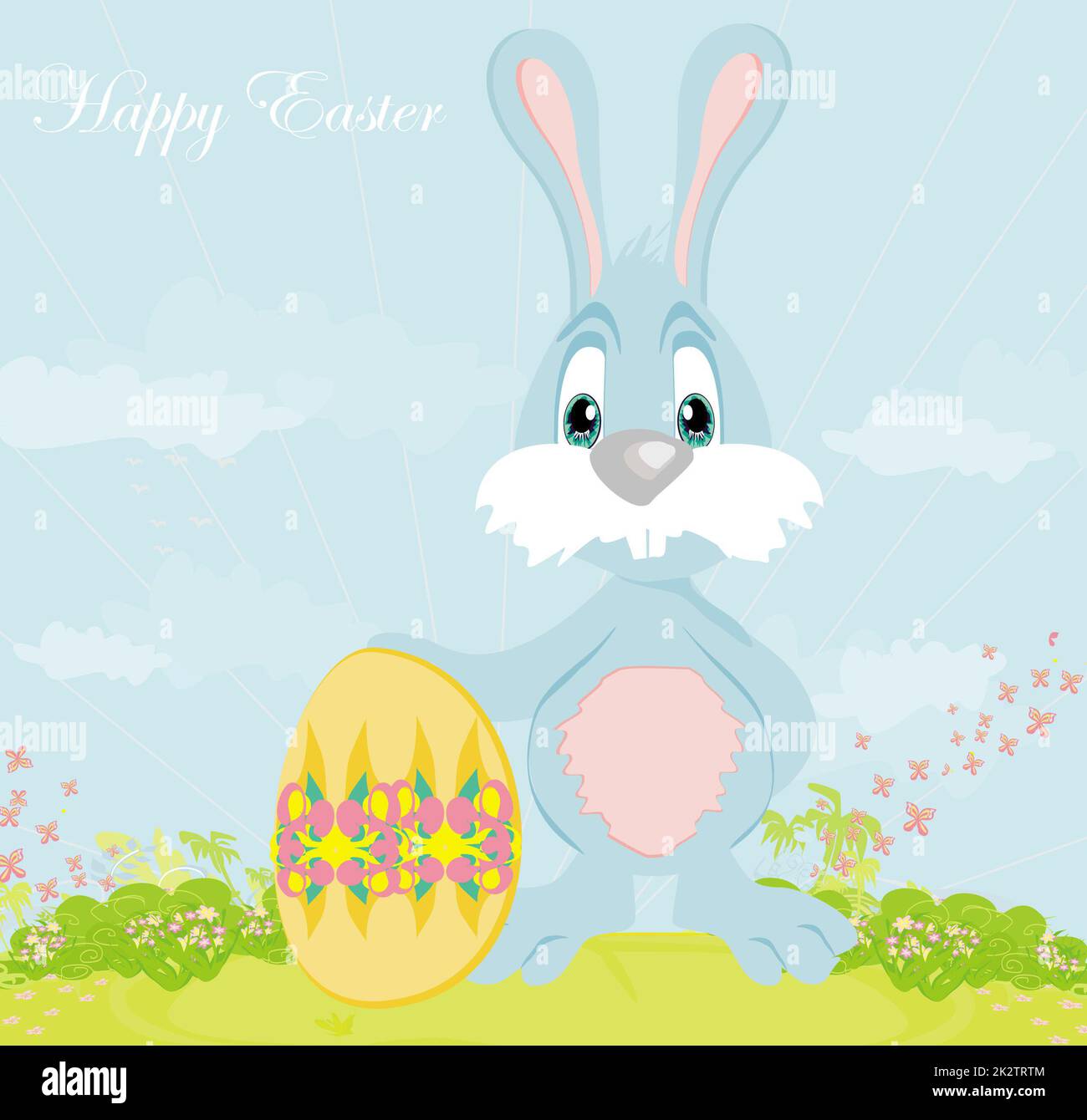 Illustrazione di felice coniglietto di Pasqua che porta uovo Foto Stock