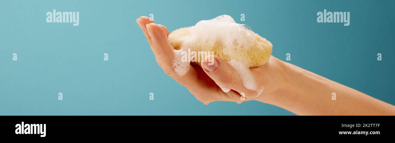 Crop persona con mano e una piccola spugna Foto Stock