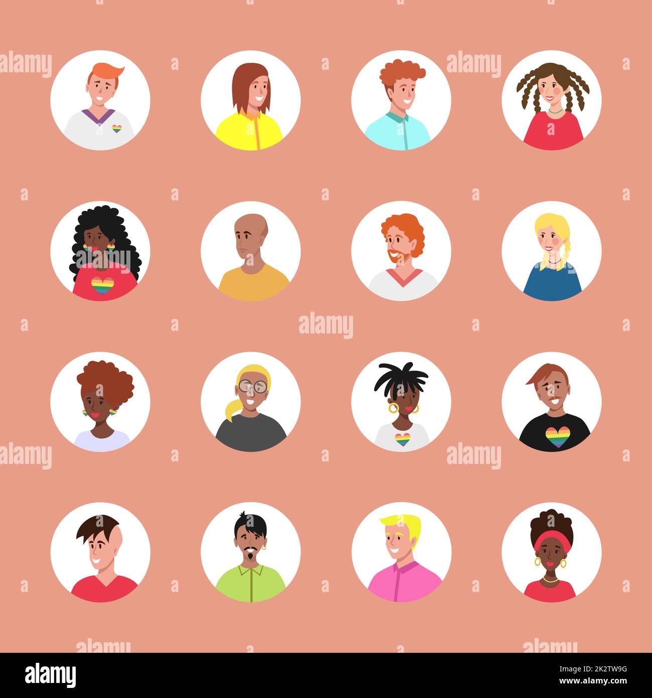 Set di 16 avatar cerchiati con i volti dei giovani. Immagine di diverse razze e nazionalità, donne e uomini. Serie di icone del profilo utente. Badge rotondi con persone felici - Vector Foto Stock