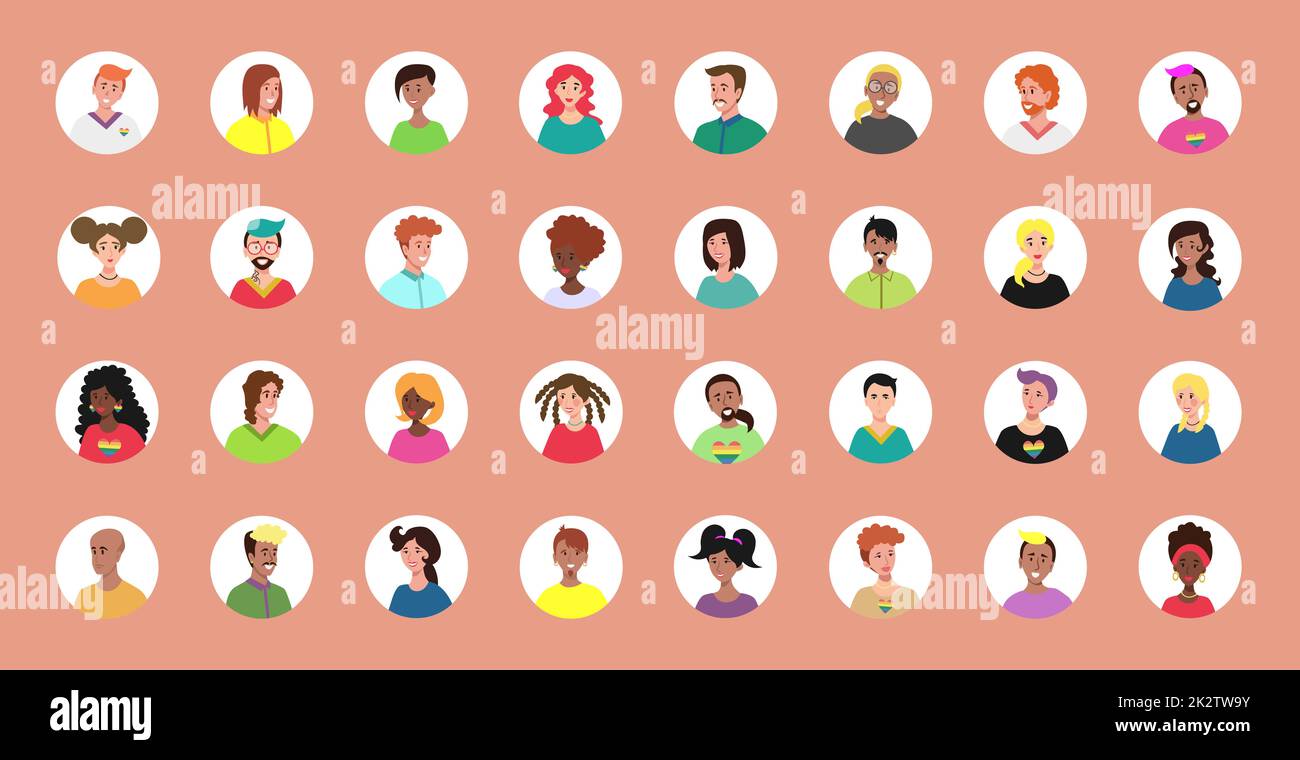 Set di 32 avatar cerchiati con i volti dei giovani. Immagine di diverse razze e nazionalità, donne e uomini. Serie di icone del profilo utente. Badge rotondi con persone felici - Vector Foto Stock