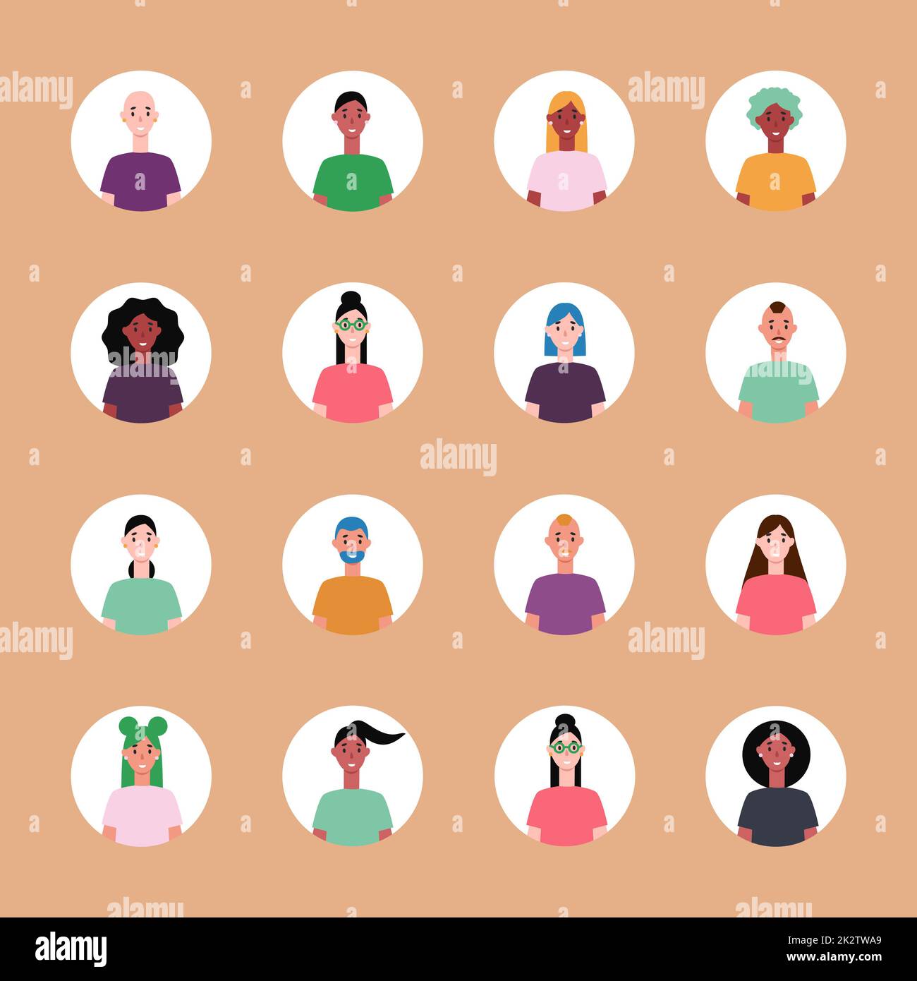 Set di 16 avatar cerchiati con i volti dei giovani. Immagine di diverse razze e nazionalità, donne e uomini. Serie di icone del profilo utente. Badge rotondi con persone felici - Vector Foto Stock