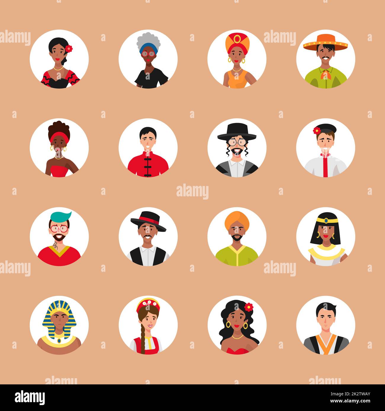 Set di 16 avatar cerchiati con i volti dei giovani. Immagine di diverse razze e nazionalità, donne e uomini. Serie di icone del profilo utente. Badge rotondi con persone felici - Vector Foto Stock