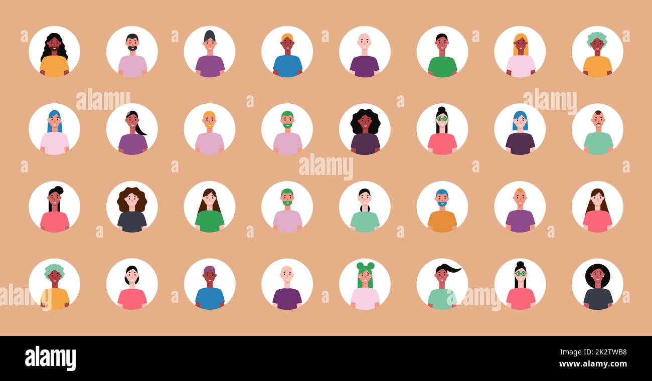 Set di 32 avatar cerchiati con i volti dei giovani. Immagine di diverse razze e nazionalità, donne e uomini. Serie di icone del profilo utente. Badge rotondi con persone felici - Vector Foto Stock