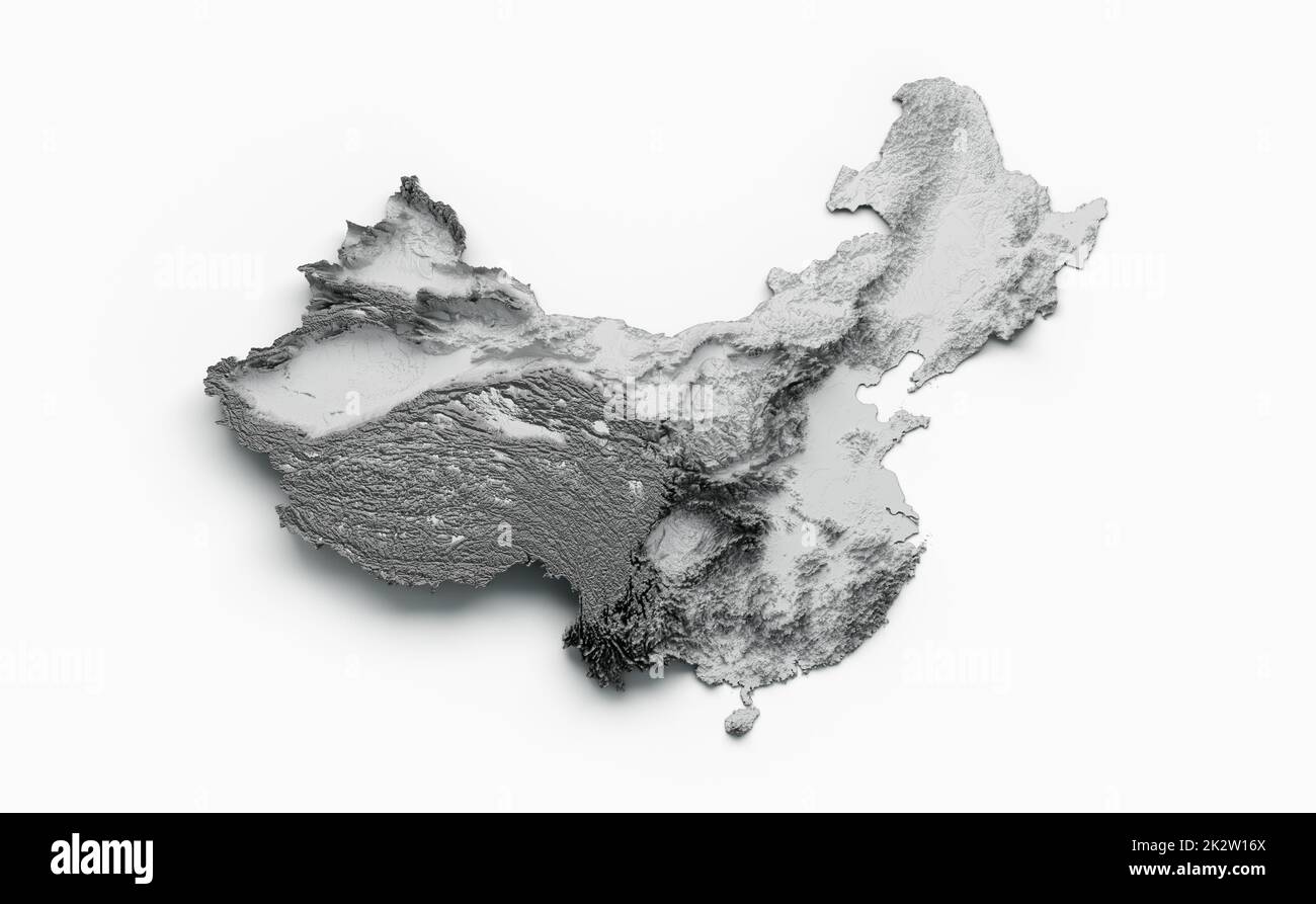 Rendering in scala di grigi 3D della mappa topografica a forma di Cina isolata su uno sfondo bianco Foto Stock