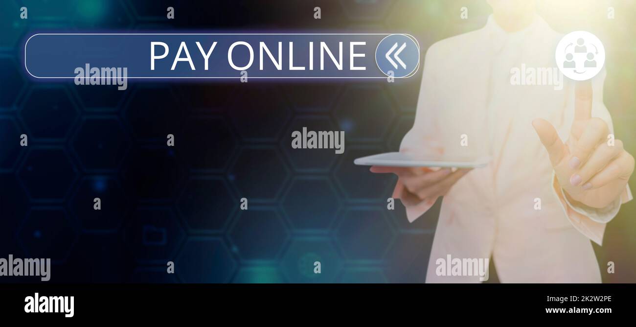 Testo di scrittura paga in linea. Business approccio acquistare prodotti o servizi utilizzando la carta di credito su qualsiasi sito web -48538 Foto Stock