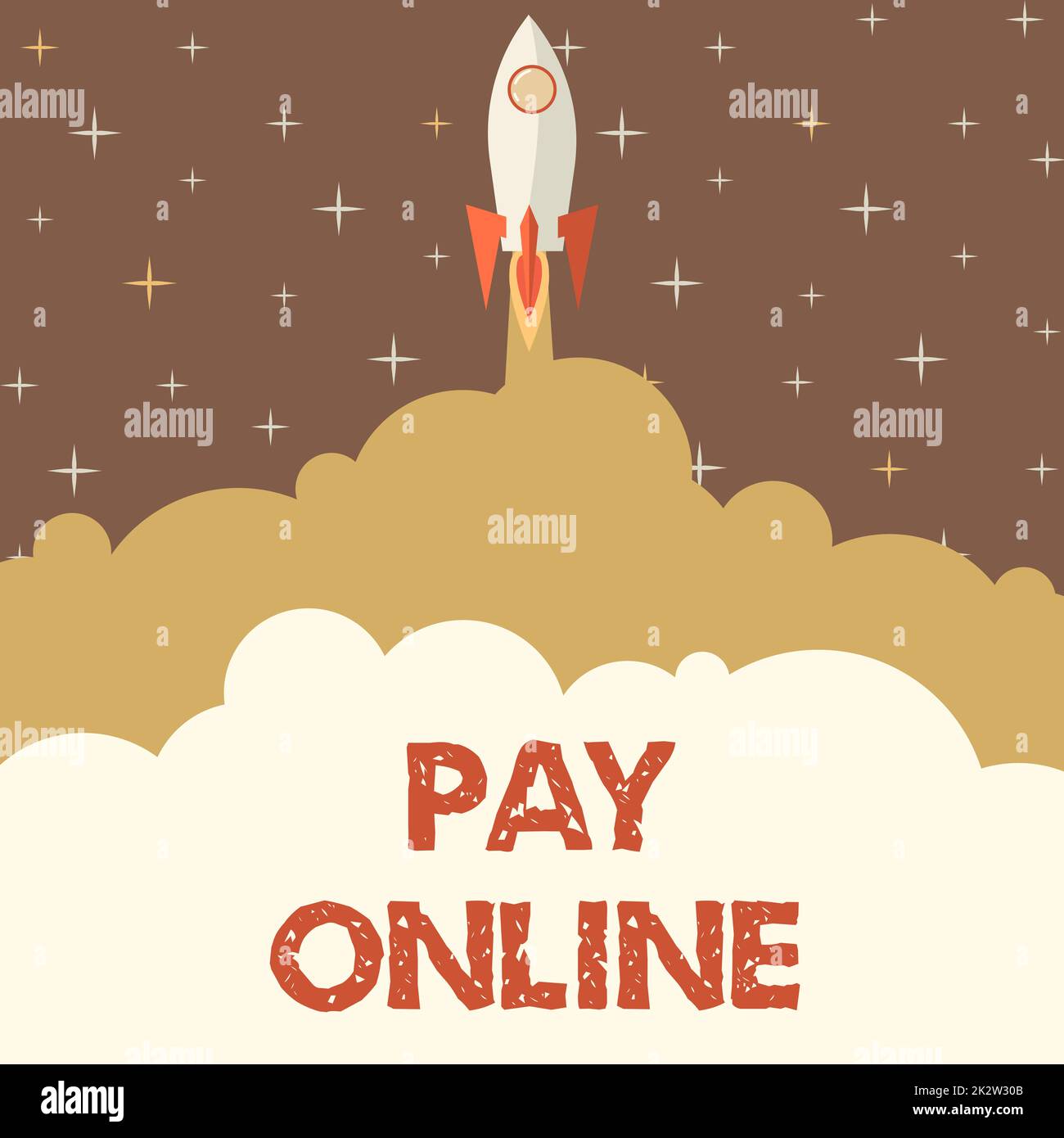 Segno che mostra Pay Online. Parola per comprare i prodotti o il servizio usando la carta di credito su tutto il Web site Rocket Ship che lancia veloce diritto fino allo spazio esterno. Foto Stock