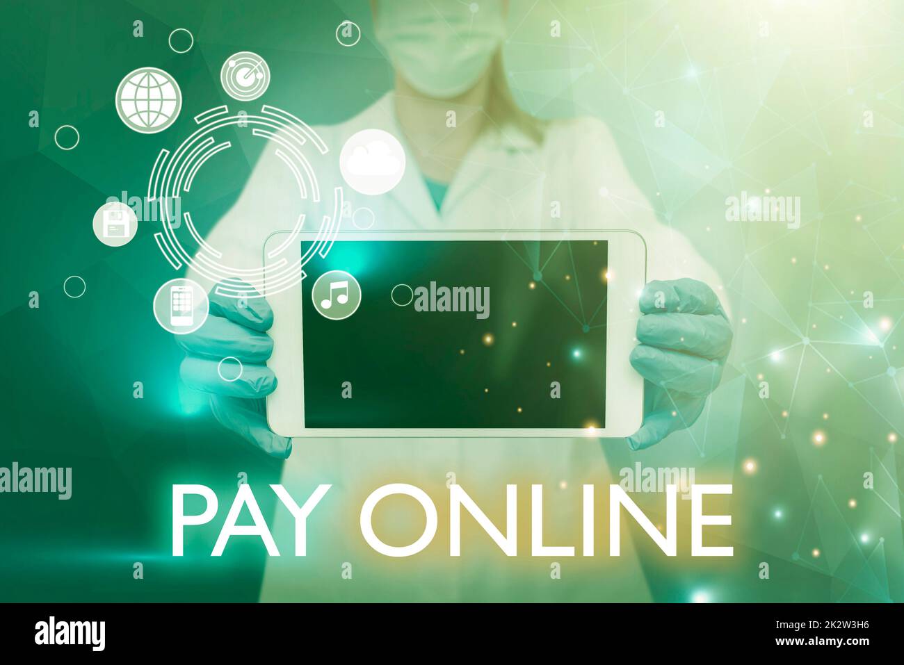 Testo di scrittura paga in linea. Business idea acquistare prodotti o servizi utilizzando la carta di credito su qualsiasi sito web -47112 Foto Stock