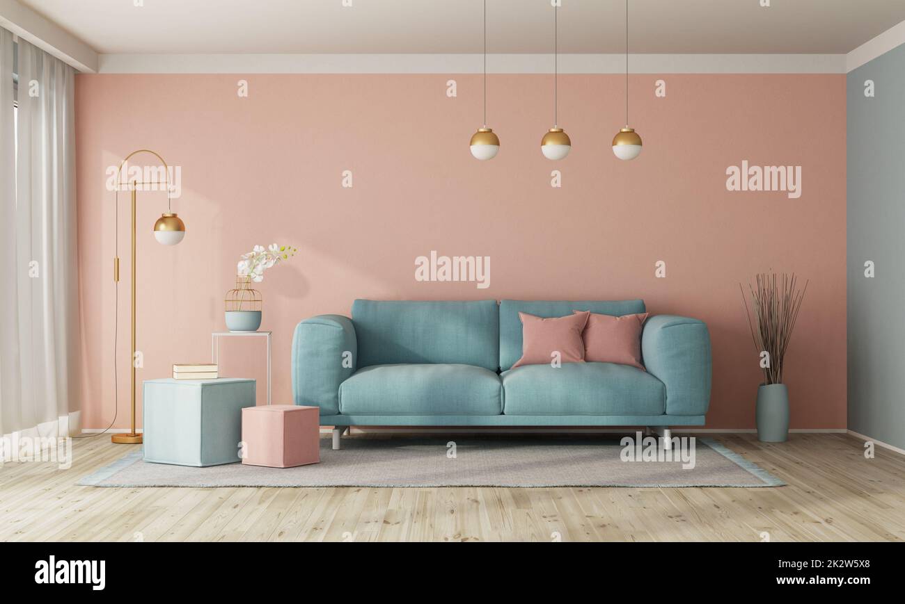Moderno soggiorno interno con divano su una parete vuota color pastello Foto Stock