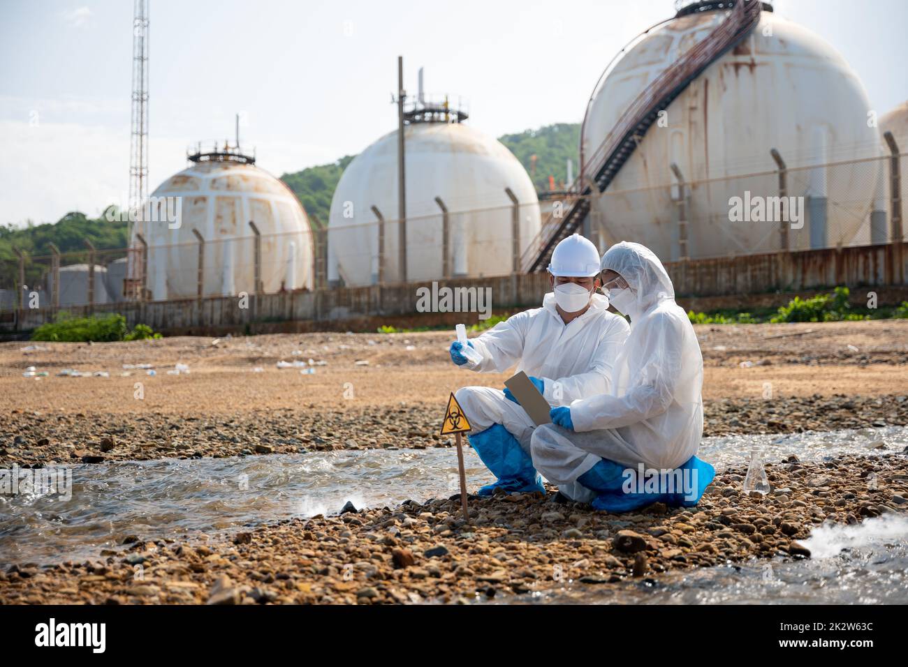 Il campionamento ecologo ha portato i pesci morti per ispirare e salvare i dati sul computer portatile Foto Stock