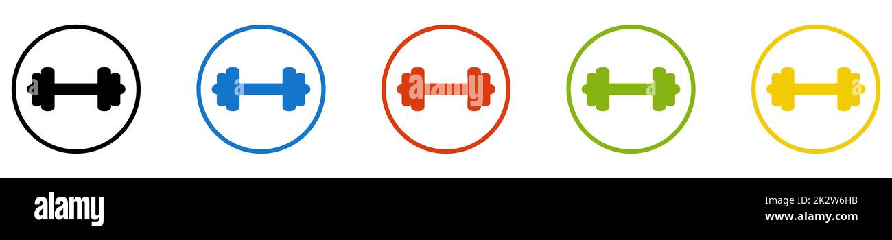 Collezione di bottoni rotondi - icona a forma di dumbbell nei cerchi nero, blu, rosso, verde e giallo Foto Stock