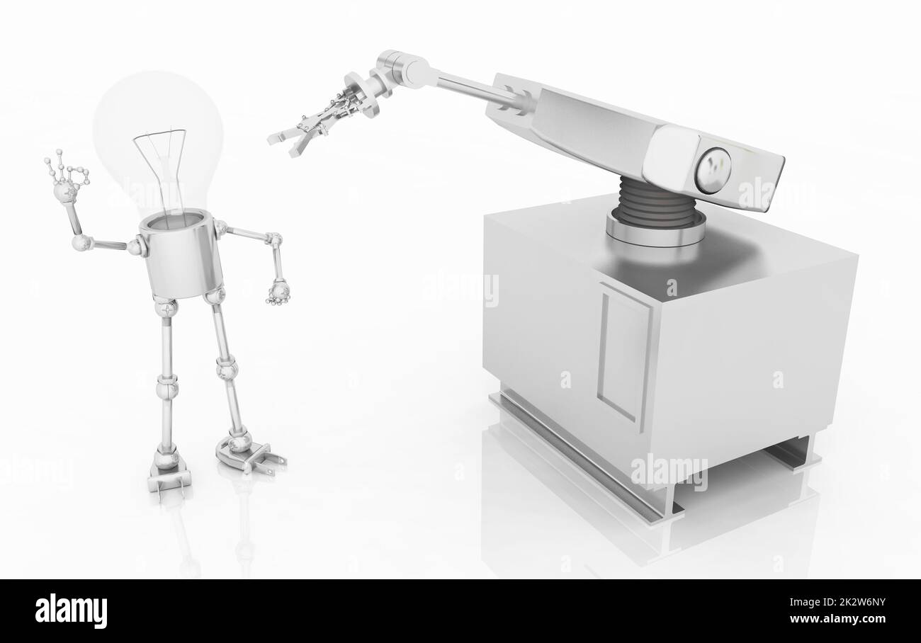 Lampadina figura con robot industriale Foto Stock