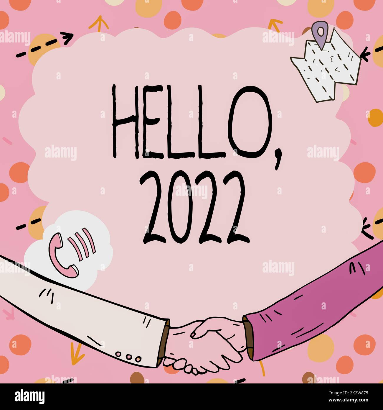 Ispirazione che mostra il segno Ciao 2022. L'espressione dell'idea di business o il gesto di saluto che risponde al telefono cornice vuota decorata con simboli di comunicazione rappresentano una riunione d'affari Foto Stock