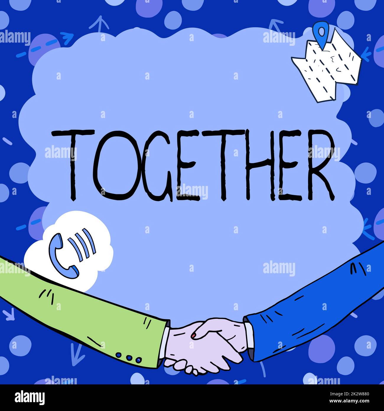 Testo che mostra l'ispirazione insieme. La foto concettuale in prossimità, Unione o collisione con un'altra persona o cose cornice vuota decorata con simboli di comunicazione rappresentano una riunione d'affari Foto Stock