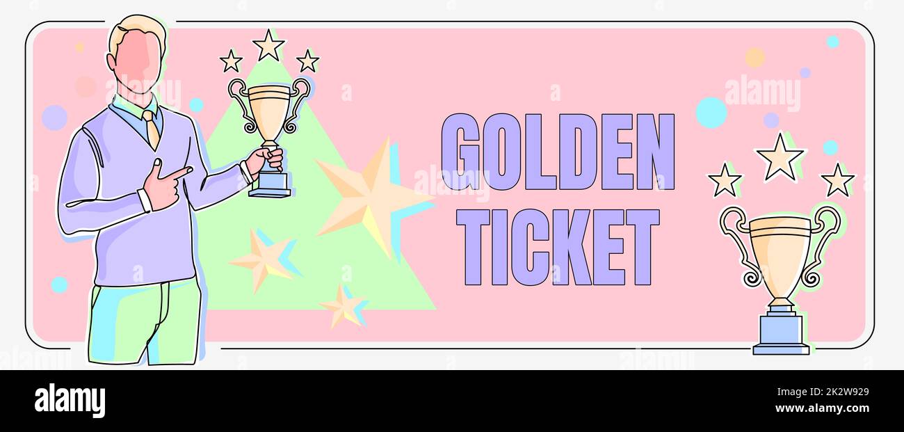 Ispirazione mostrando il cartello Golden Ticket. Concetto significato pioggia controllo accesso VIP Passport Box Office Seat evento uomo puntando il dito con il trofeo tifo per raggiungere il successo del progetto. Foto Stock