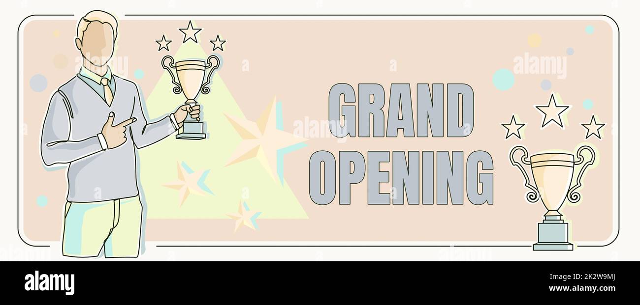 Scrittura visualizzazione testo Grand Opening. Il nastro di concetto del Internet che taglia il nuovo commercio primo giorno ufficiale che lancia l'uomo che punta la barretta che tiene il trofeo che allieta raggiungere il successo del progetto. Foto Stock