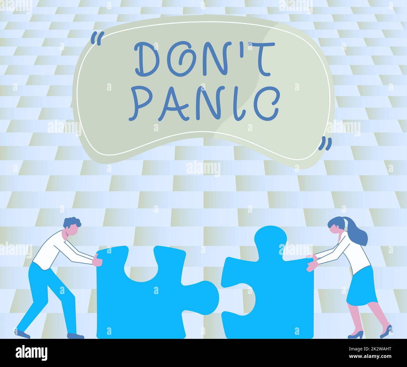 Visualizzazione concettuale Don T Panic. Concetto di business improvvisa forte sensazione di paura impedisce ragionevole pensiero colleghi Conencing due pezzi Jigsaw Puzzle insieme mostrando lavoro di squadra. Foto Stock