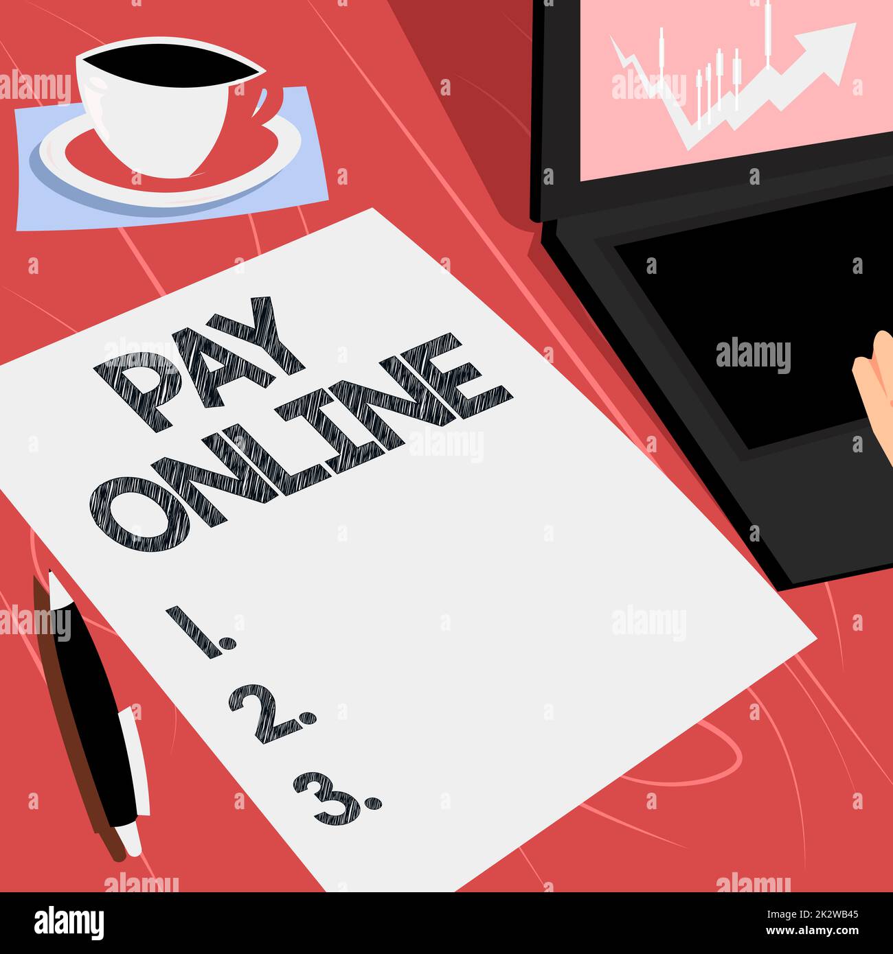 Cartello di testo con la scritta Pay Online. Vetrina di affari acquistare prodotti o servizio utilizzando la carta di credito su qualsiasi sito laptop appoggiato accanto caffè tazza e foglio semplice che mostra il processo di lavoro. Foto Stock