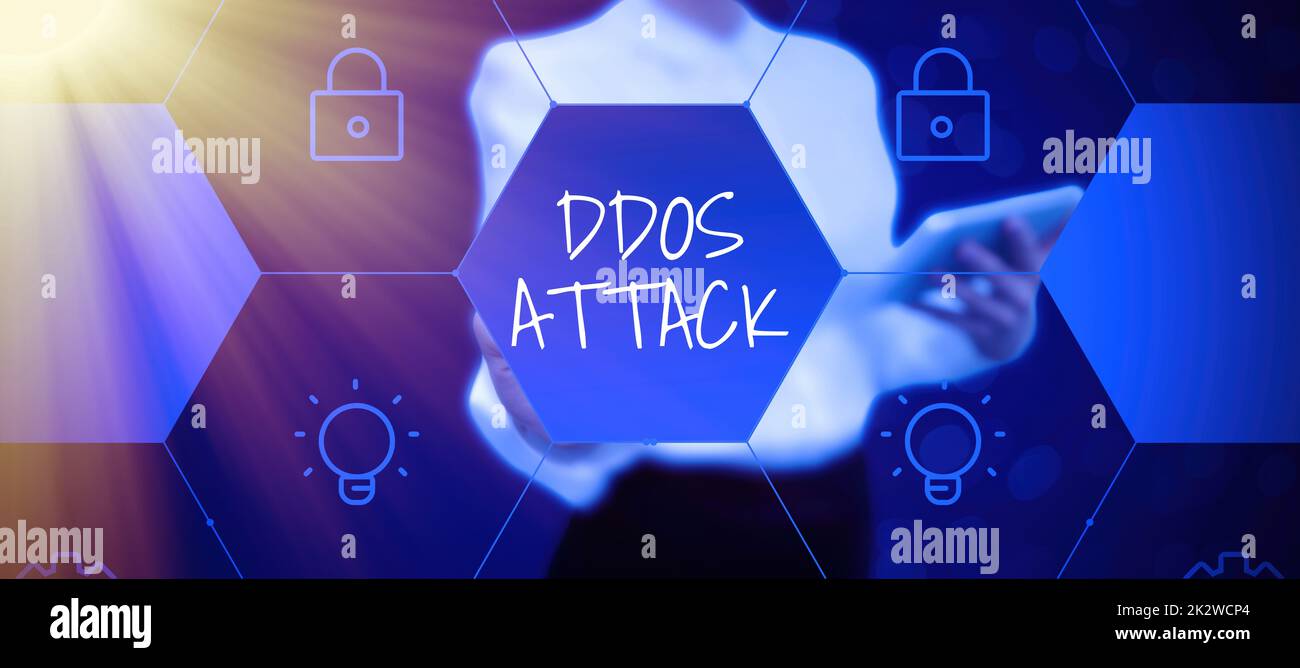 Attacco DDoS con testo scritto a mano. Il responsabile dell'idea di business cerca di rendere la risorsa di rete non disponibile -48691 Foto Stock