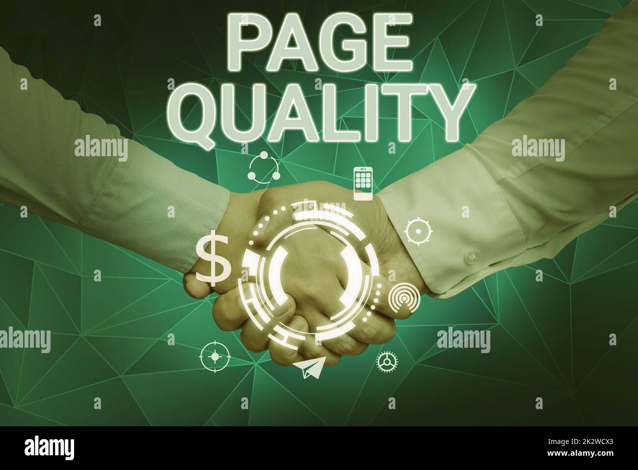 Segno che mostra la qualità della pagina. Vetrina di business efficacia di un sito web in termini di aspetto e la funzione mani che scuotono la presentazione di idee innovative piano simboleggiare il lavoro di squadra. Foto Stock