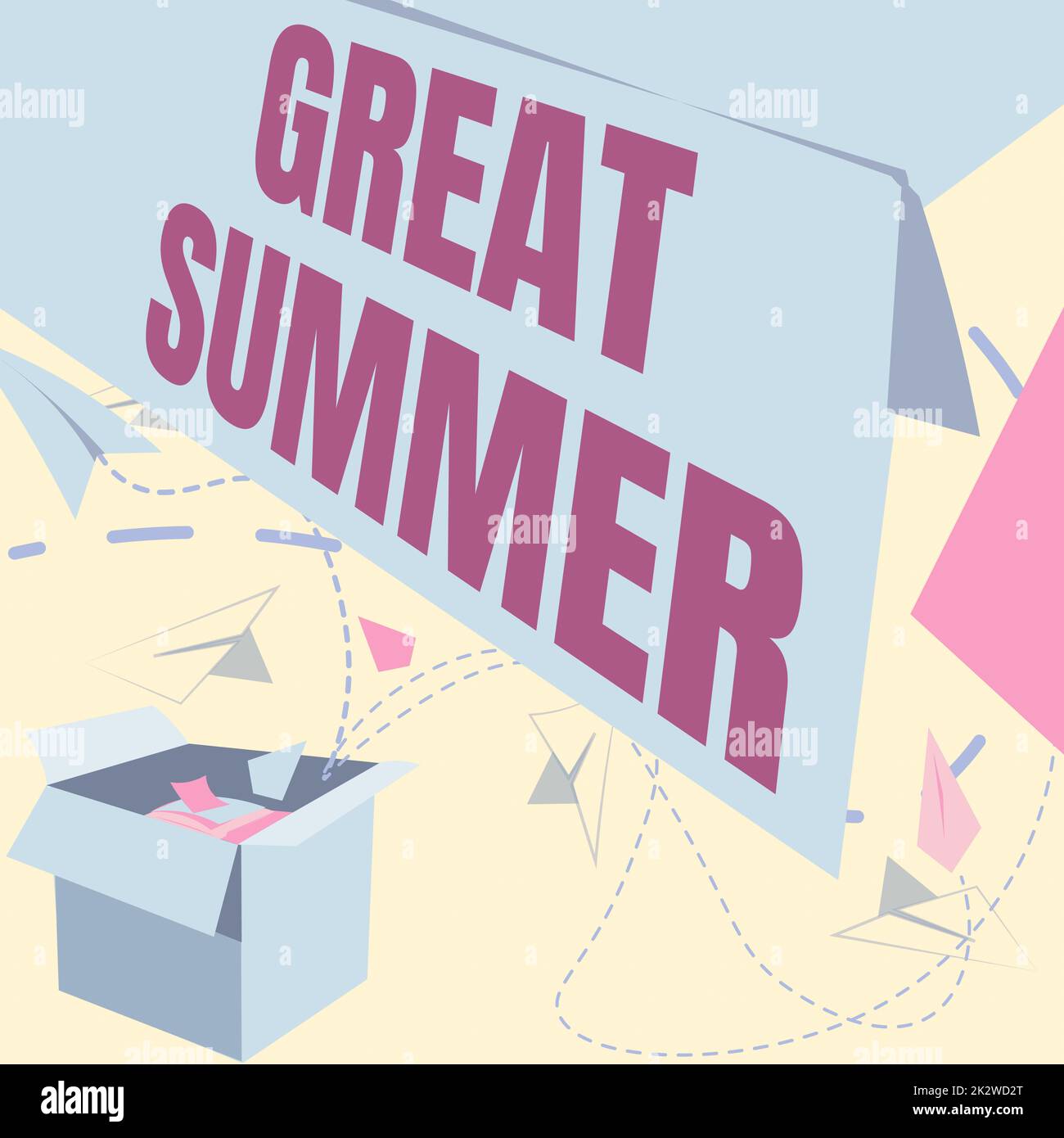 Testo che mostra ispirazione Grande estate. Parola scritta su avere divertimento buon sole andare alla spiaggia godendo all'aperto scatola aperta con gli aerei volanti della carta che presentano le nuove idee libere Foto Stock
