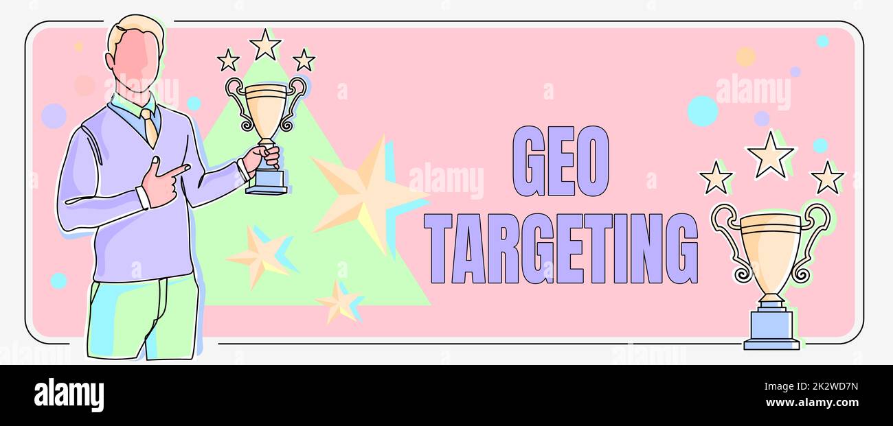 Ispirazione che mostra il segno Geo Targeting. Concettuale foto digitali annunci viste IP Indirizzo Adwords Campagne posizione uomo puntando dito tenere trofeo tifo raggiungere il successo del progetto. Foto Stock