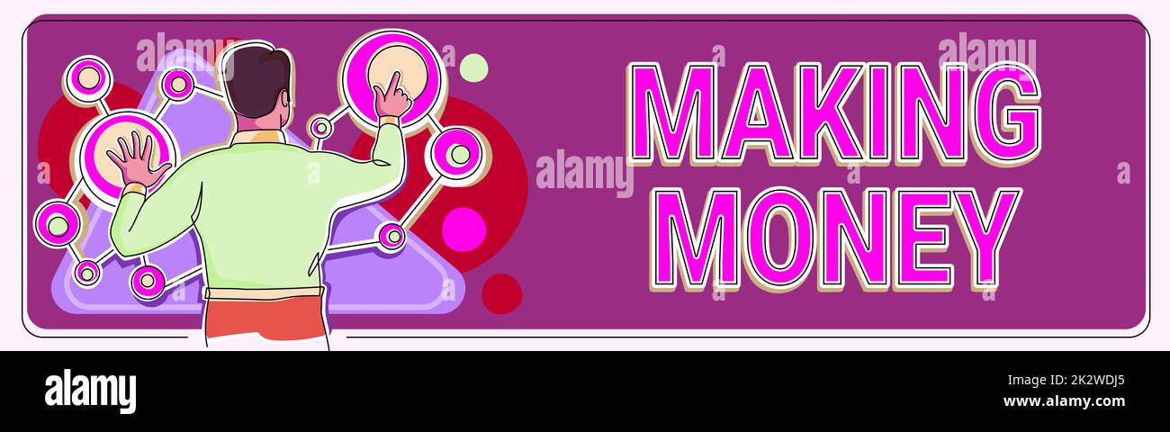 Segno che mostra fare soldi. Vetrina di business dando l'opportunità di realizzare un profitto guadagnare sostegno finanziario uomo manipolando grafico circolare che rappresenta la creazione di strategia di successo. Foto Stock