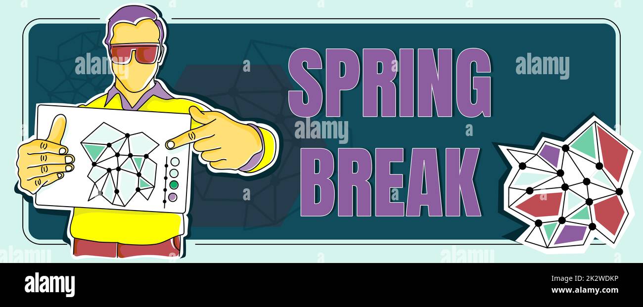 Segno di testo che mostra l'interruzione di primavera. Foto concettuale periodo di vacanza a scuola e università durante la primavera Man holding paper che mostra piani di strategia creativa raggiungere gli obiettivi. Foto Stock