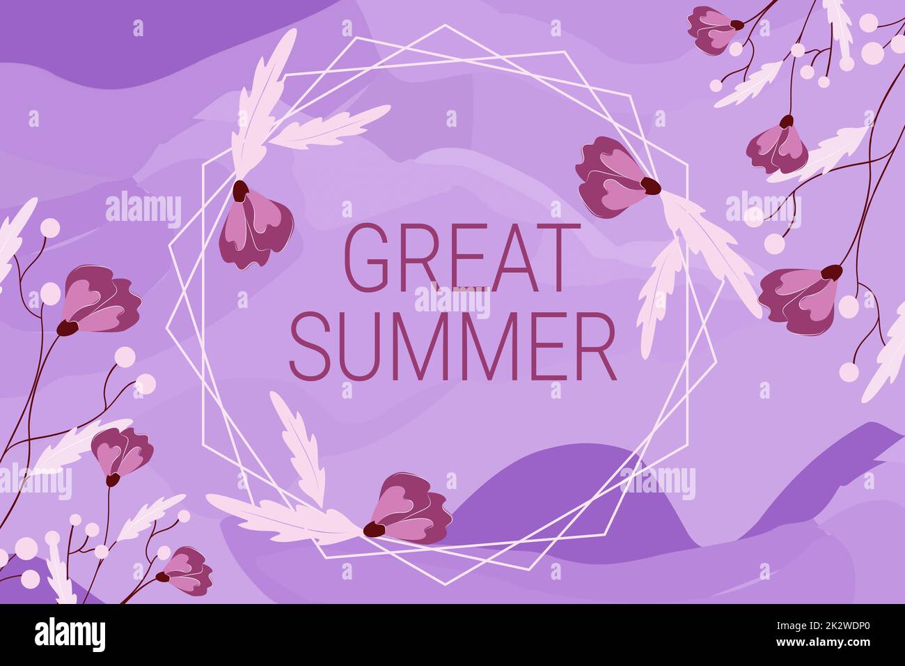 Cartello con la scritta Great Summer. Vetrina d'affari Divertimento buon sole andare in spiaggia godendo di una cornice vuota all'aperto decorata con Abstract Modernized Forms Flowers and Foliage. Foto Stock