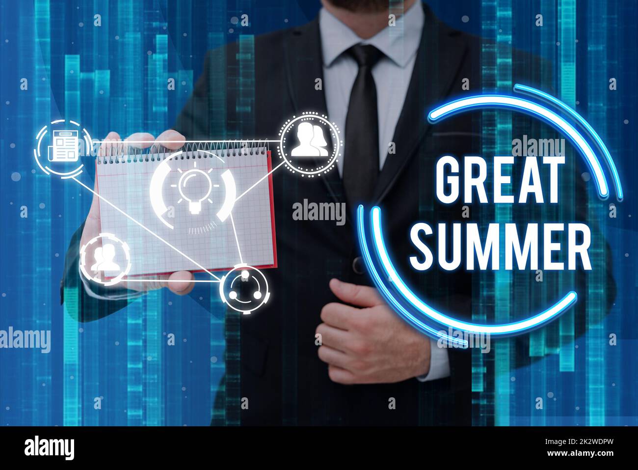 Cartello di testo che mostra Great Summer. Panoramica di affari avere divertimento buon sole andare alla spiaggia godendo l'uomo d'affari all'aperto in vestito che tiene il blocco note che rappresenta il pensiero innovatore. Foto Stock