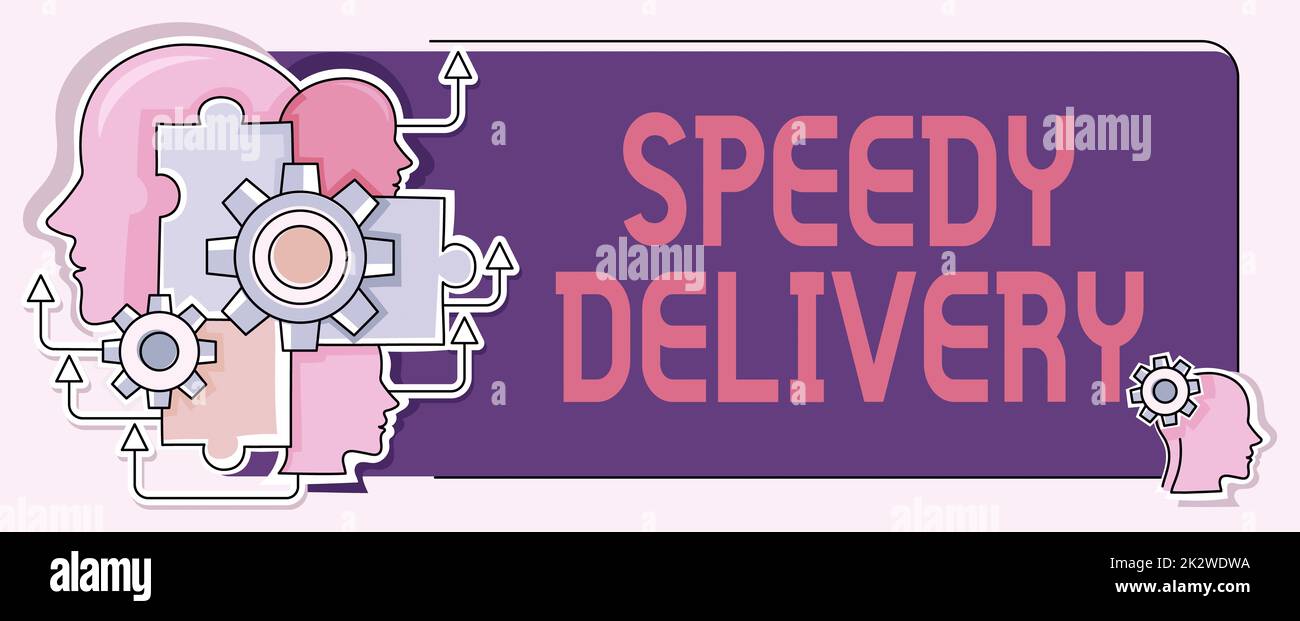 Cartello di testo che mostra Speedy Delivery. Concetto che significa fornire i prodotti in modo veloce o la stessa spedizione giorno all'estero teste multiple con ingranaggi che mostrano le idee di tecnologia. Foto Stock