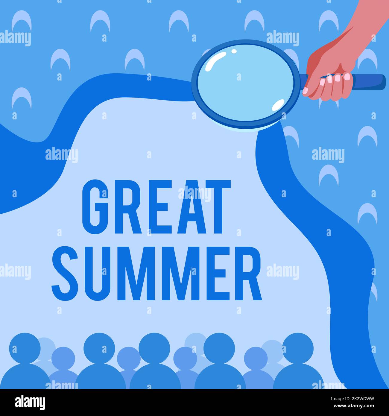 Scrittura a mano testo Grande estate. Parola per avere divertimento buon sole andando alla spiaggia godendo della mano esterna che tiene il vetro di ingrandimento che esamina la struttura socio economica. Foto Stock