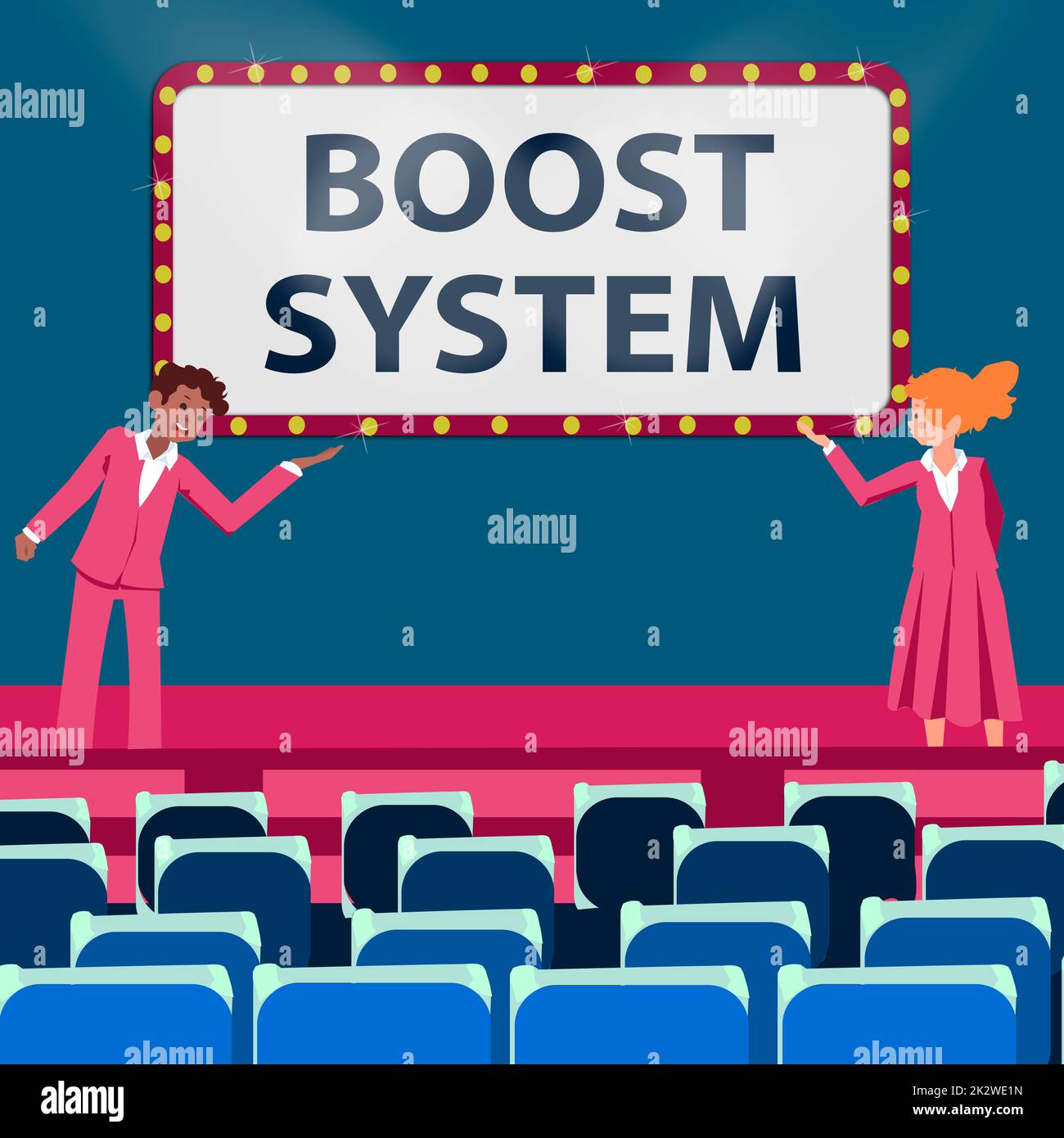 Didascalia di testo che presenta il sistema Boost. Concettuale foto ringiovanire aggiornamento rafforzare essere più sani approccio olistico colleghi maschili e femminili fare presentazione sul palco con gesti delle mani. Foto Stock