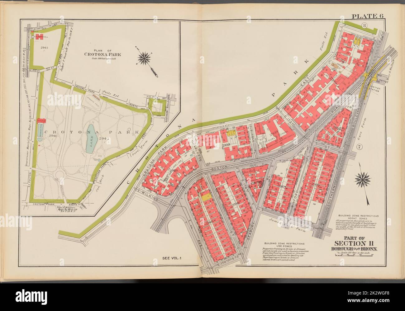 Cartografica, Mappe. 1938. Lionel Pincus e la Principessa Firyal Map Division. Bronx (New York, N.Y.) , Mappe, Real Property , New York (state) , New York (N.Y.) 6, parte della Sezione 11, comune del Bronx: Pianta del Parco di Crotona; Mappa delimitata da Crotona Park East, Southern Boulevard, E. 172nd Street, Seabury Place, E. 170th Street e Wilkins Avenue Foto Stock