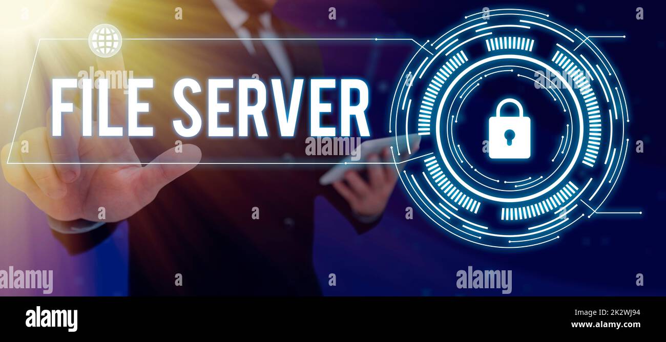 Scrittura del file server di testo visualizzato. Dispositivo fotografico concettuale che controlla l'accesso ai dati memorizzati separatamente -47900 Foto Stock