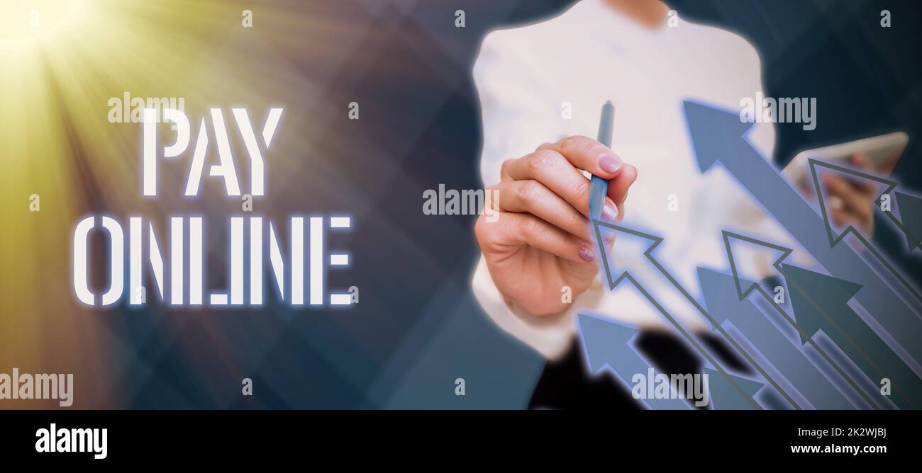 Visualizzazione concettuale Pay Online. Business idea acquistare prodotti o servizi utilizzando la carta di credito su qualsiasi sito web -47337 Foto Stock