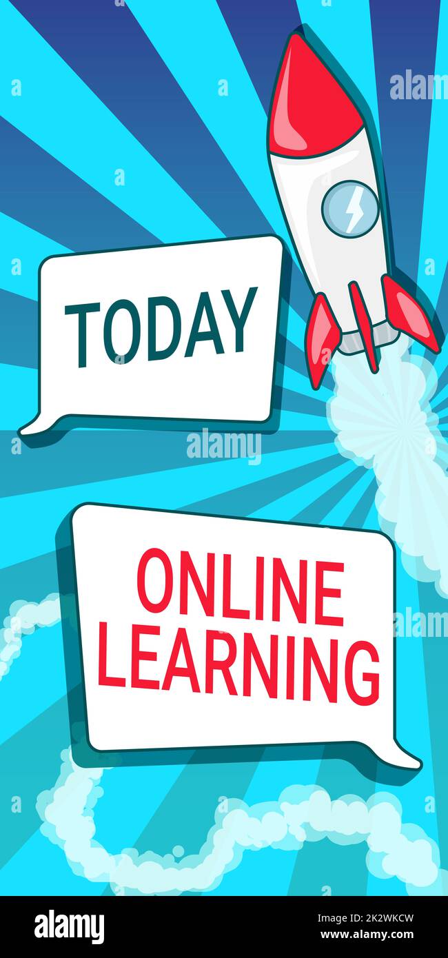 Visualizzazione concettuale formazione online. Parola per Larning con l'assistenza di Internet e di una nave da razzo computer che lancia Fast Straight fino allo spazio esterno. Foto Stock