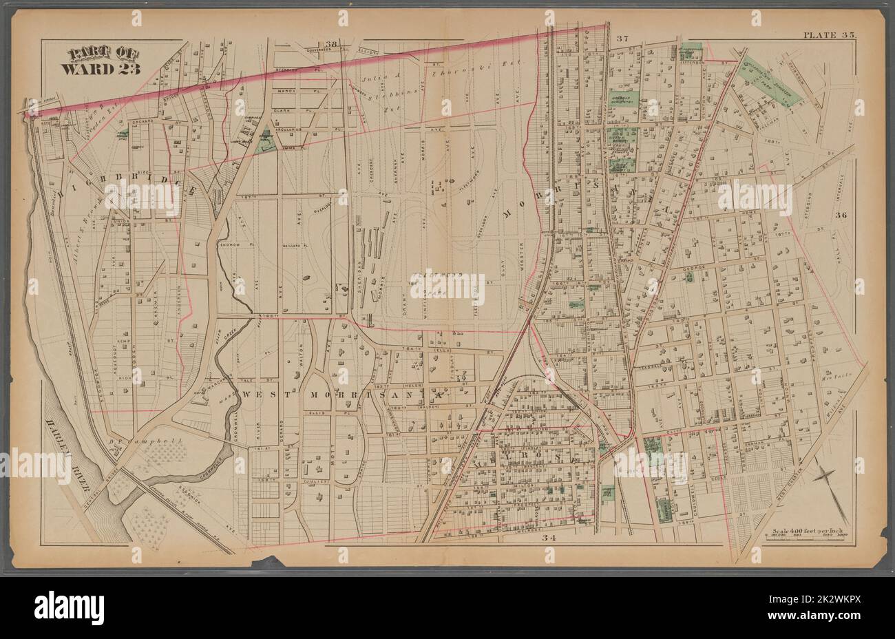 Cartografica, Mappe. 1879. Lionel Pincus e la Principessa Firyal Map Division. Real Property , New York (state) , New York Plate 35:: Bounded by Gouverneur Place, Elliot Street, 170th Street, Stebbins Avenue, West Chester Avenue, 156th (Melrose) Street e (Harlem River) Sedgwick Avenue. Parte di Ward 23. Foto Stock