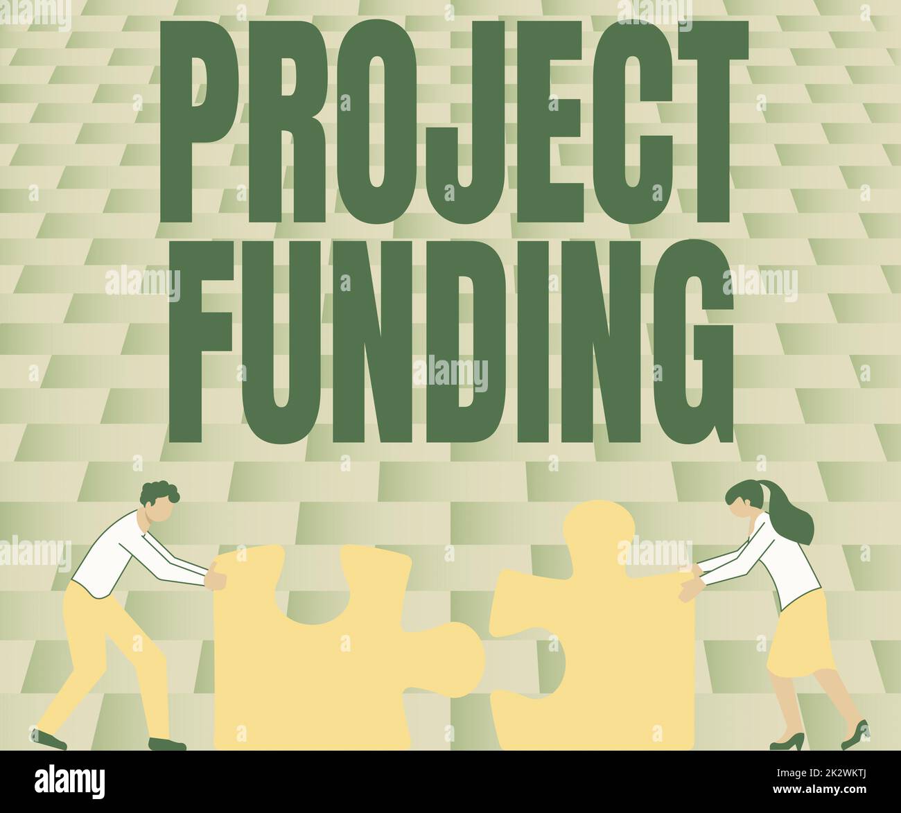 Scrittura a mano segno Project Funding. Parola scritta sul pagamento per l'avvio per renderlo più grande e di successo colleghi Conencing due pezzi Jigsaw Puzzle insieme mostrando lavoro di squadra. Foto Stock