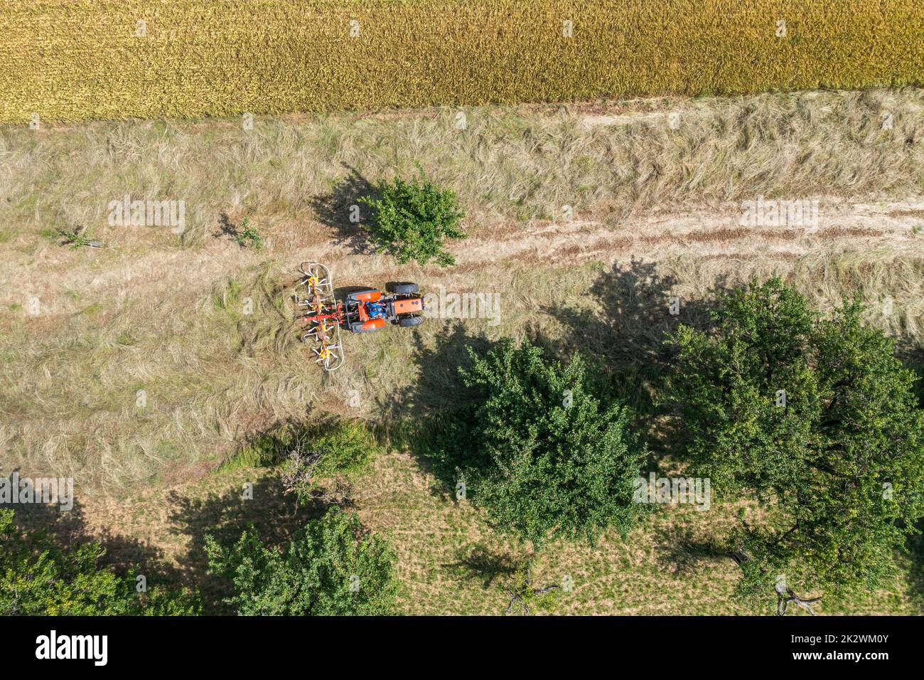 vista aerea di un trattore che esegue lavori agricoli Foto Stock