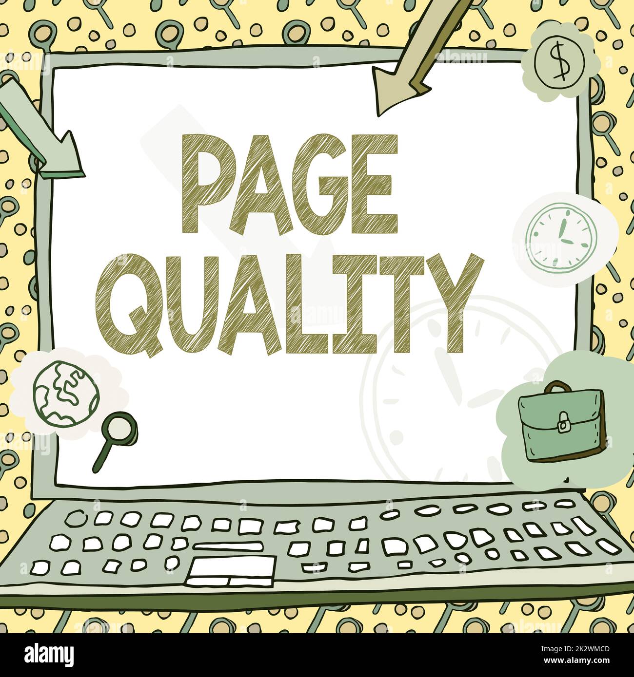 Qualità pagina didascalia concettuale. Vetrina di affari efficacia di un sito web in termini di aspetto e funzione Poster decorato con simboli monetari che mostrano la puntualità dei dipendenti. Foto Stock